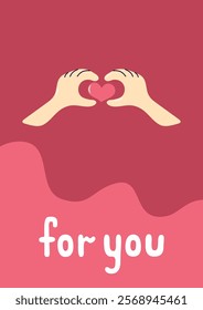 Valentine's Day Card Two palms hold the heart. Simple cute greeting card. Vector illustration.