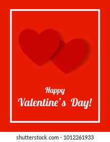 Valentines day card with two red hearts on  red background.  Happy Valentines Day. Vector illustration.