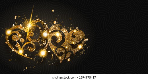 Valentine's day card with two shiny hearts of golden sparkles with glares and shadows on dark background