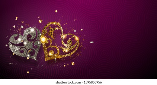 Valentine's day card with two shiny hearts of silver and golden sparkles with glares and shadows on purple background