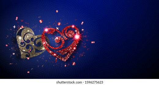 Valentine's day card with two shiny hearts of silver and red sparkles with glares and shadows on blue background