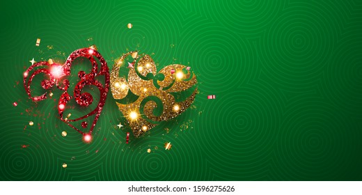 Valentine's day card with two shiny hearts of red and golden sparkles with glares and shadows on green background