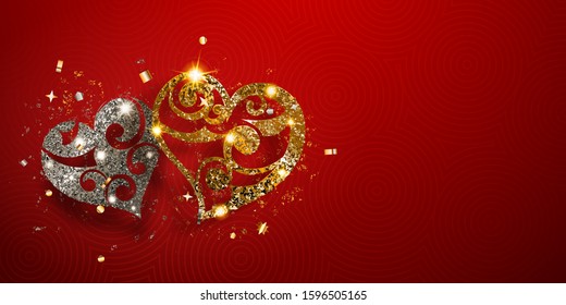 Valentine's day card with two shiny hearts of silver and golden sparkles with glares and shadows on red background