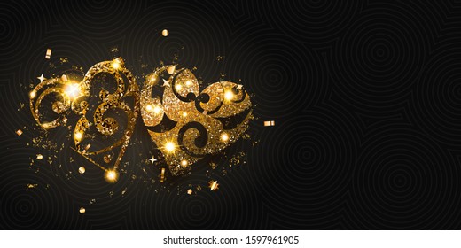 Valentine's day card with two shiny hearts of golden sparkles with glares and shadows on dark background