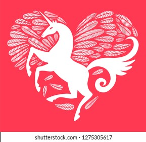 Valentine's day card. Unicorn with wings. Feathers form a heart shape. White Pegasus. Happy Valentine's Day!