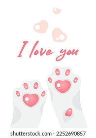 Valentine's Day card, valentine I love you with cat paws and pink hearts. Vector illustration