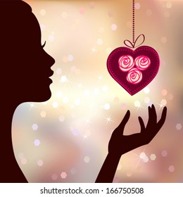 Valentine's Day Card. Vector Background with Girl and Heart