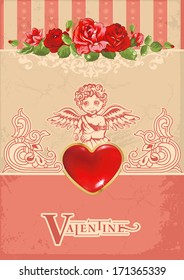 Valentine's day card vector background. Vintage postcard with Cupid and Heart