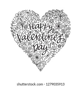 Valentine's day card. Vector doodles heart.  Lettering, flowers and butterflies in heart shape. Coloring page.