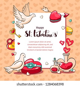 Valentine's day card vector. Hand drawn doodle card for St. Valentine's day. Cartoon symbols of love: hearts, pigeons, heart shaped box, love potion and heart shaped lock with key.