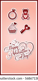 Valentine's Day card with vector icons. Hearts, engagement ring, Teddy bear, key of the heart, cake and lettering.