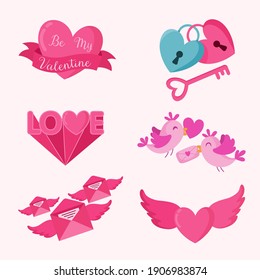 Valentine's day card vector illustration. Valentine's day element collection with hearts, birds, envelope,love padlocks and more