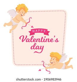 Valentine's day card vector illustration. cute cupid angels flying with bow and arrow with text and background