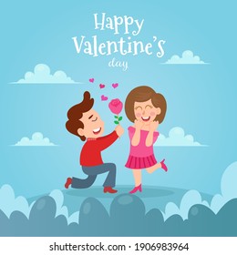 Valentine's day card vector illustration. man kneeling to his girlfriend and giving a rose