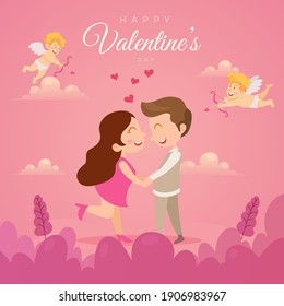 Valentine's day card vector illustration. Cute couple in love with cupid angels flying with bow and arrow
