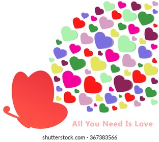 Valentines day card. Vector illustration with colorful hearts butterfly.