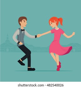 Valentine's Day card, vector illustration, happy couple, love, cartoon characters, romantic date
