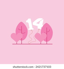 Valentine's Day card. Vector image. Balloons with the date among the trees