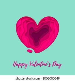 Valentines day card with vector papercut heart on green background. Romantic Valentine greeting card design template. Vector paper cut with hand drawn text love concept