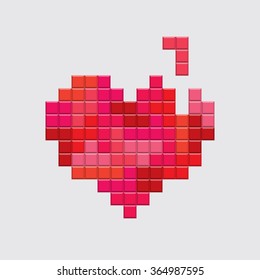 Valentines Day Card. Video Game Pixel Red Heart. Retro Vintage Design. Editable Vector. 