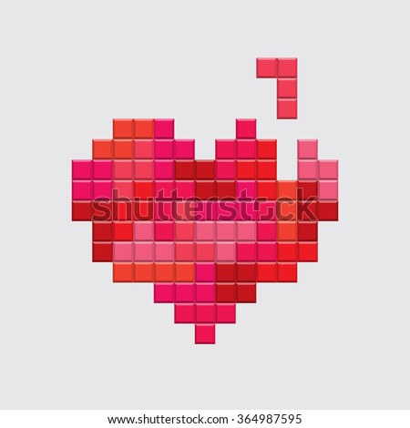 Valentines day card. Video game pixel red heart. Retro vintage design. Editable vector. 