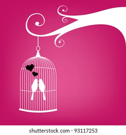 Valentine's Day card with vintage birdcage and couple of kissing