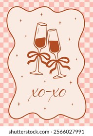 Valentine's Day card in vintage and elegant coquette style. Champagne glasses silhouette with bows and hearts clink. Romantic retro banner with the words "Xo-xo." Vector hand drawn illustration.