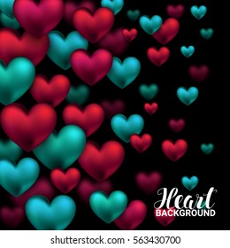 Valentines day card with volume hearts red and turquoise on black background. February 14. Vector Illustration