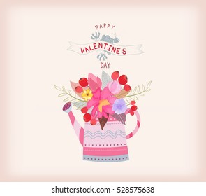 Valentines day card. watering can with a bouquet of watercolor flowers