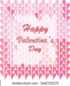 Valentine's day card which says happy valentine's day. Lot of pink, red or purple hearts on the background. Vector illustration for 14. february. Hearts are shaped into the shape of growing flower.