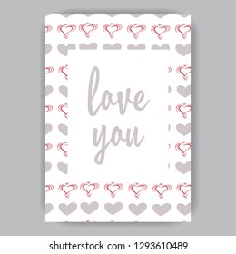 Valentine's day card white with hearts gray and pink on a white background hand-drawn