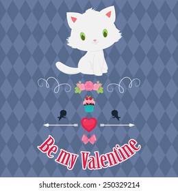 Valentine's Day card with white kitten. 