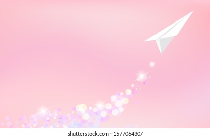 Valentines Day card with white plane and glittering sparkles on soft pink background. Vector design template.