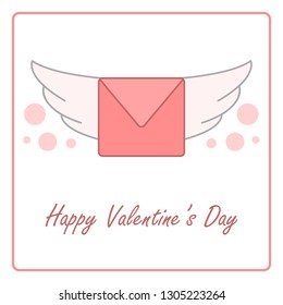 Valentine's day card with winged envelope. vector design illustration.