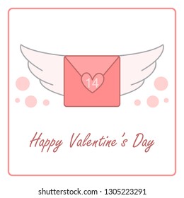 Valentine's day card with winged envelope. vector design illustration.