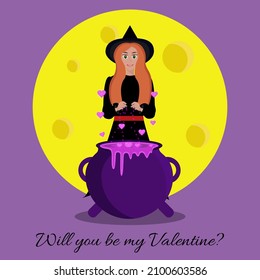 Valentine's day card with witch makes love potion.