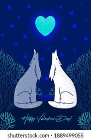 Valentine's day card with wolves. White and gray wolves howl at the blue heart-shaped moon in a fairy-tale forest. Vector stock greeting illustration in cartoon style.