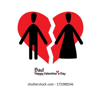 Valentine`s day card with woman, man and broken heart