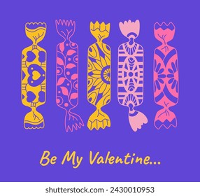 Valentine's Day card with wrapped candy. Abstract postcard design. Caramel bonbon doodle lollipop poster brochure templates for celebration. Happy Valentines Day banner cartoon vector illustration