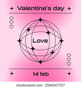 Valentine's Day card in y2k style with the inscription love enclosed in a sphere. Retro-futuristic 2000s aesthetic. Vector illustration