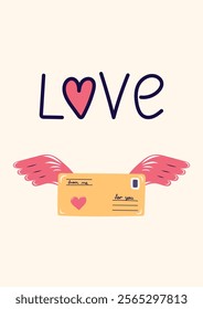 Valentine's Day Card with yellow envelope with pink wings. Simple cute greeting card. Vector illustration.