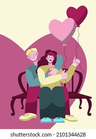 Valentine's day card with young couple sitting on the bench hugging and holding heart shaped baloons. Vector illustration in modern flat style