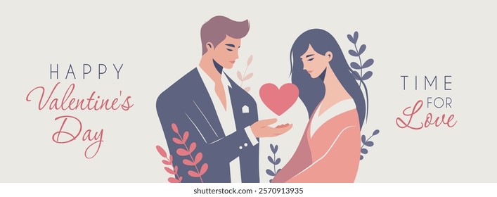 Valentine's Day card. Young man gives a heart to a woman, symbolizing love, romance, care. Lovers. Vector flat illustration for love sites, dating apps, posters, banners. 