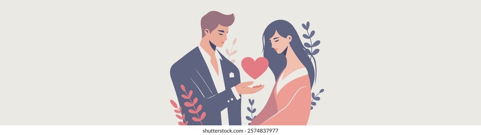 Valentine's Day card. Young man gives a heart to a woman, symbolizing love, romance, care. Vector flat illustration for love sites, dating apps, and any projects dedicated to love, Valentine's Day