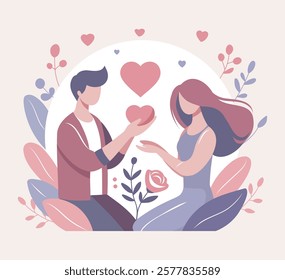 Valentine's Day card. Young man gives woman heart symbolizing love, romance, care. Vector flat illustration for love sites, dating apps and any projects dedicated to love, banner, poster