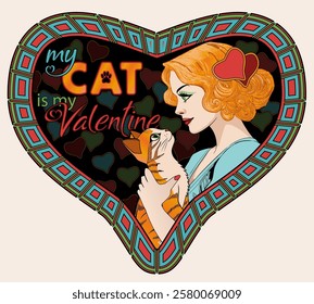 Valentines day card with young woman and ginger cat, vector illustration