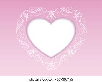 A Valentine's Day card/background illustration with a white recessed heart shape and a decoration pattern around it.