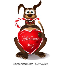 Valentines day card,banner,background.Cartoon  Cute  Dog with valentines heart  and candy cane isolated on white background.Valentines day Handwritten text. Vector Illustration
