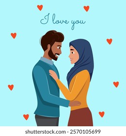 Valentine's day card.Couple in love. Young man and girl holding hands and smiling with happiness. Suitable for wedding, greeting card and others. Vector illustration