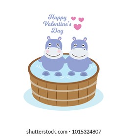 Valentine's day card.Cute cartoon animal taking a bath in wooden tub.